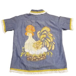 RARE 70s Vintage Painted shirt retro Big Mac western denim chambray Sz S Chicken